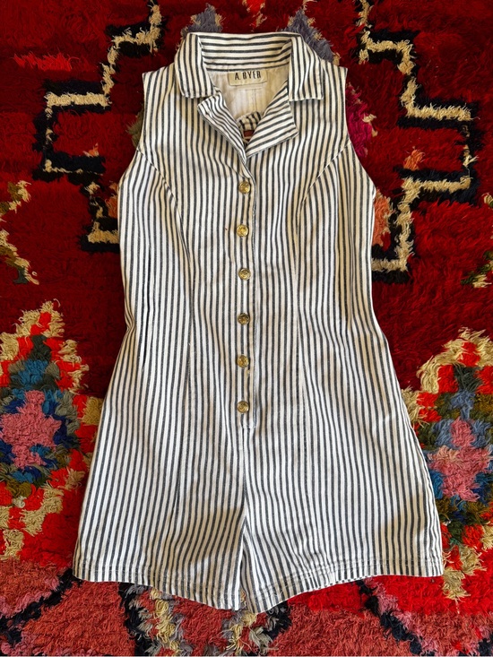 Vintage Pants - 90s Vintage White and Blue Striped Denim Romper Sz Sm